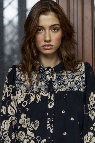 Atelier Rêve Floral Print Blouse Black Beige Irtulla - MMJs Fashion