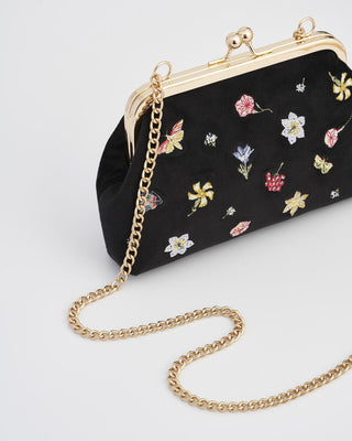 Fable England Floral Ditsy Embroidered Black Velvet Clutch Bag - MMJs Fashion