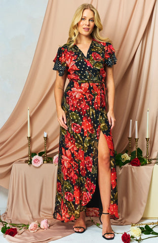 Hope & Ivy Floral Spot Wrap Dress Red Black The Ffion - MMJs Fashion