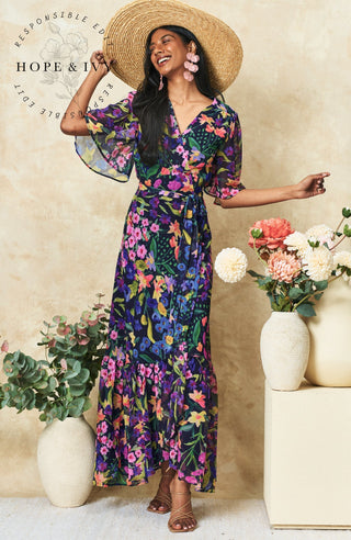 Hope & Ivy Flutter Sleeve Wrap Maxi Dress Blue Multi Nesta - MMJs Fashion