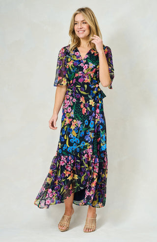 Hope & Ivy Flutter Sleeve Wrap Maxi Dress Blue Multi Nesta - MMJs Fashion