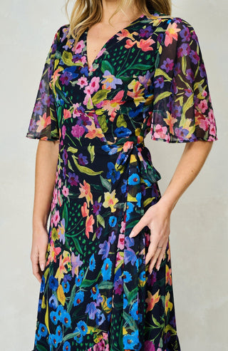 Hope & Ivy Flutter Sleeve Wrap Maxi Dress Blue Multi Nesta - MMJs Fashion