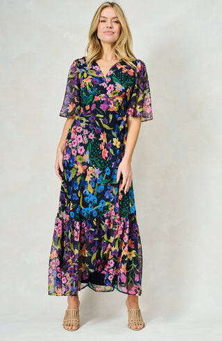 Hope & Ivy Flutter Sleeve Wrap Maxi Dress Blue Multi Nesta - MMJs Fashion