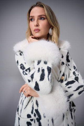 Joseph Ribkoff Animal Print Faux Fur Trim Coat Ivory Black - MMJs Fashion