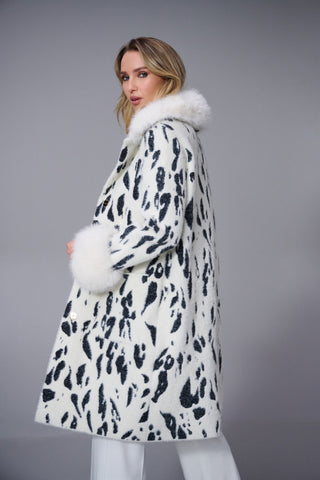 Joseph Ribkoff Animal Print Faux Fur Trim Coat Ivory Black - MMJs Fashion