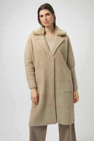 Joseph Ribkoff Feather Yarn and Faux Fur Coat Beige - MMJs Fashion