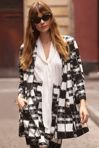 Joseph Ribkoff Plaid Print A - Line Jacket Black Cream - MMJs Fashion