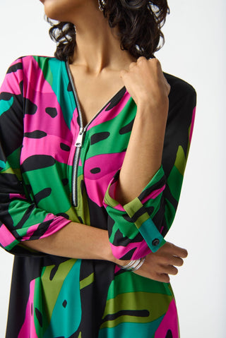 Joseph Ribkoff Tropical Print Tunic Top Black Pink Green - MMJs Fashion