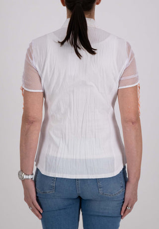 Just White Mesh Short Sleeve Blouse in White with Placement Print - MMJs Fashion