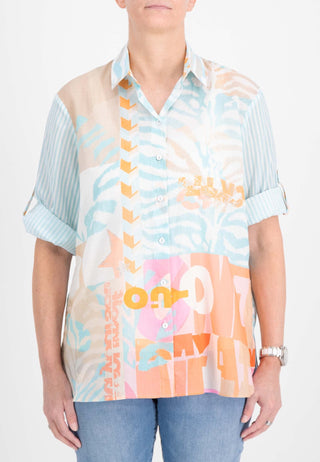 Just White Mixed Pattern Blouse in Aqua Blue Orange Pink - MMJs Fashion