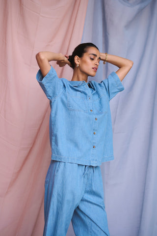 Kaffe Chambray Short Sleeve Shirt Blue Louise - MMJs Fashion