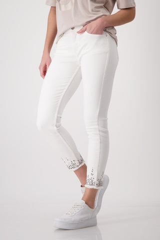 Monari Ivory Slim Fit Jeans with Rhinestone Hem - MMJs Fashion