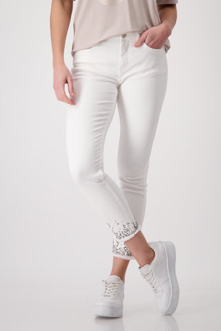 Monari Ivory Slim Fit Jeans with Rhinestone Hem - MMJs Fashion