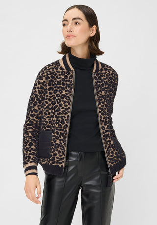 Olsen Leopard Print Zipped Cardigan Black Beige Henny - MMJs Fashion