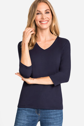Olsen V - Neck 3/4 Sleeve Top Navy Blue Edda - MMJs Fashion