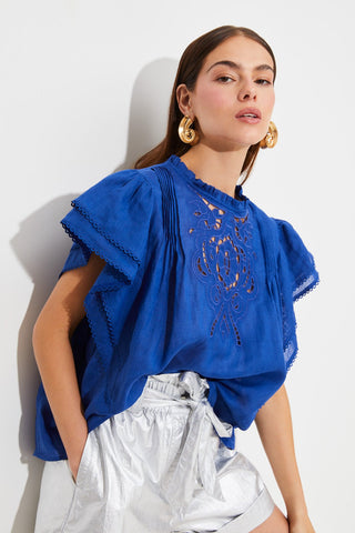 Suncoo Broderie Anglaise Top Royal Blue Love - MMJs Fashion