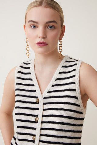 Suncoo Stripe Knitted Waistcoat Ivory Black Gabino - MMJs Fashion