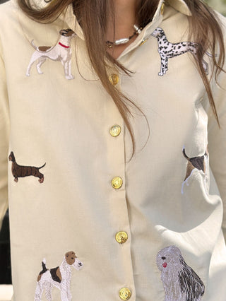 Vilagallo Embroidered Dogs Corduroy Shirt Cream Isa - MMJs Fashion