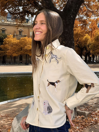 Vilagallo Embroidered Dogs Corduroy Shirt Cream Isa - MMJs Fashion