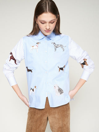 Vilagallo Embroidered Dogs Striped Blouse Blue Isa - MMJs Fashion