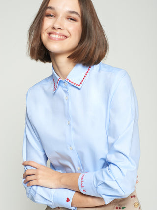 Vilagallo Embroidered Hearts Blouse Blue Red Isa - MMJs Fashion