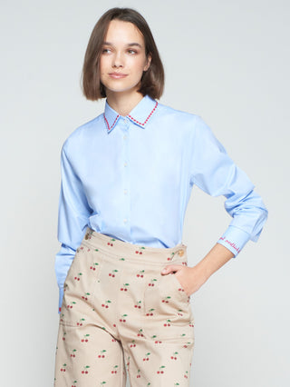 Vilagallo Embroidered Hearts Blouse Blue Red Isa - MMJs Fashion