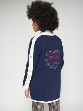Vilagallo Embroidered Love Motif Cardigan Navy Blue Ivory - MMJs Fashion