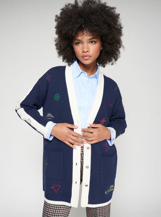 Vilagallo Embroidered Love Motif Cardigan Navy Blue Ivory - MMJs Fashion