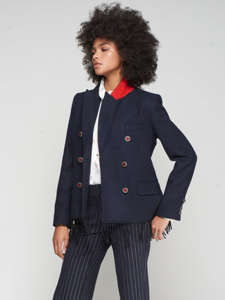 Vilagallo Fringed Tailored Jacket Navy Blue - MMJs Fashion