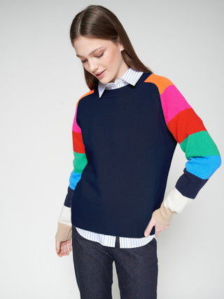 Vilagallo Multicoloured Striped Sleeve Jumper Navy Blue - MMJs Fashion