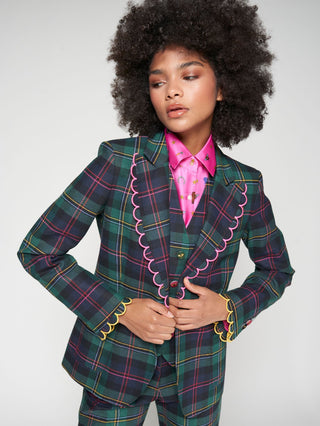 Vilagallo Scalloped Trim Tartan Jacket Green Blue Hillary - MMJs Fashion