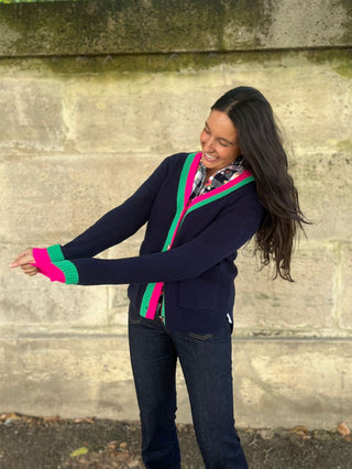 Vilagallo Stripe Trim Cardigan Navy Pink Green Alina - MMJs Fashion