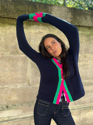 Vilagallo Stripe Trim Cardigan Navy Pink Green Alina - MMJs Fashion