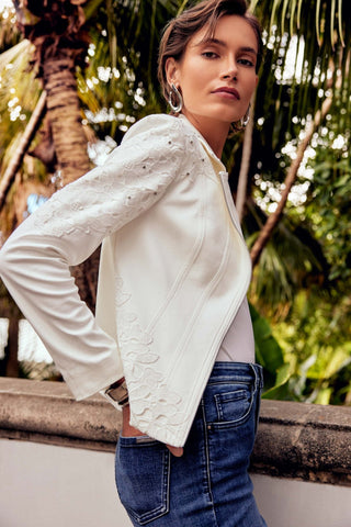 Joseph Ribkoff Floral Appliqué Jacket in Ivory with Studs - MMJs Fashion