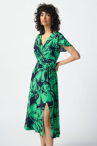 Joseph Ribkoff Floral Print Wrap Dress in Green Blue - MMJs Fashion