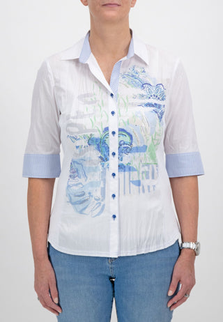 Just White Abstract Print Blouse White Blue - MMJs Fashion