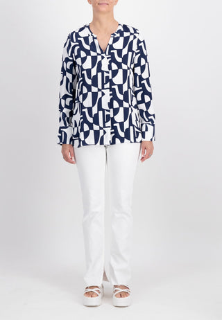 Just White Geometric Print Blouse in Navy - MMJs Fashion