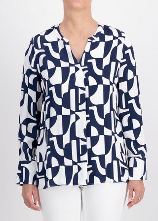 Just White Geometric Print Blouse in Navy - MMJs Fashion