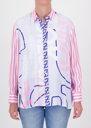 Just White Mixed Print Blouse Blue Pink - MMJs Fashion