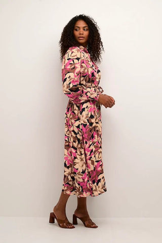 Kaffe Dress Pink Brown Beige Floral Print - MMJs Fashion