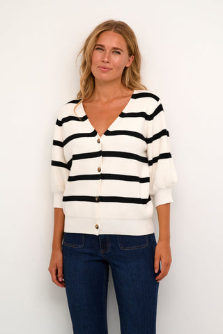 Kaffe Ivory & Black Stripe Cardigan Short Sleeve KAmehra - MMJs Fashion