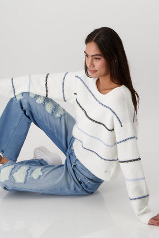 Monari Striped Jumper in Ivory and Blue - MMJs Fashion