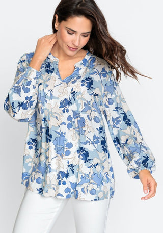 Olsen Blue Beige Floral Print Blouse - MMJs Fashion
