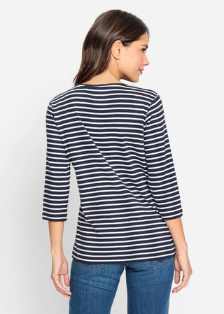 Olsen Navy Blue Stripe Top 3/4 Sleeves - MMJs Fashion
