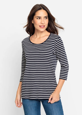 Olsen Navy Blue Stripe Top 3/4 Sleeves - MMJs Fashion