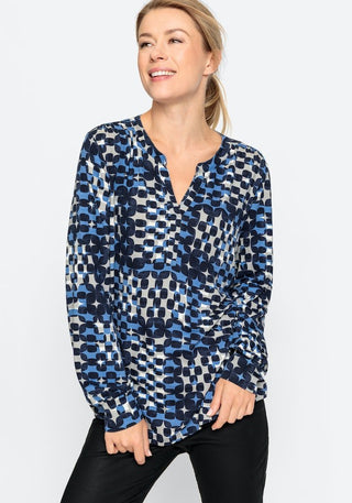 Olsen Top Blue Grey Geometric Print 11104666 - MMJs Fashion