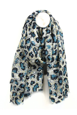 POM Animal Print Scarf in Teal, Blue and Beige with Metallic Gold Speckles - MMJs Fashion