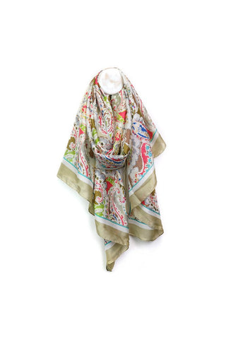 POM Scarf Beige Pink Green Paisley Floral Print - MMJs Fashion