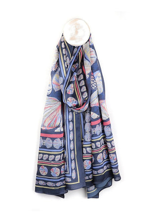 POM Silky Blue and Coral Shell Print Scarf - MMJs Fashion