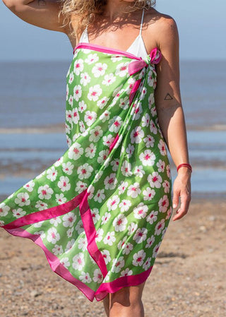 POM Silky Green Floral Print Scarf with Pink Border - MMJs Fashion